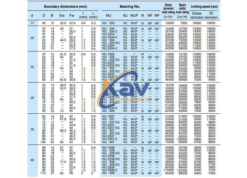 Bảng tra kích thước bạc đạn đũa NACHI