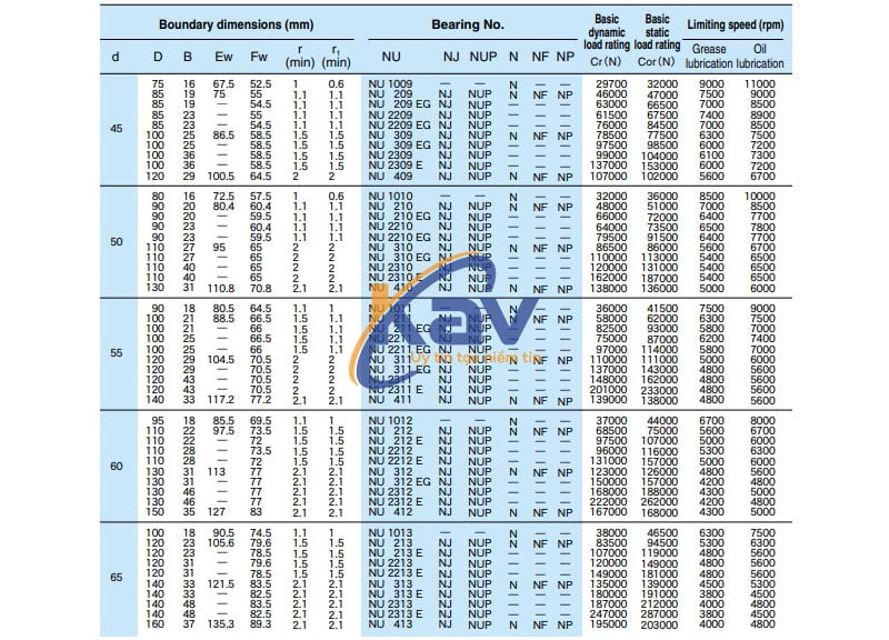 Bảng tra kích thước bạc đạn đũa NACHI